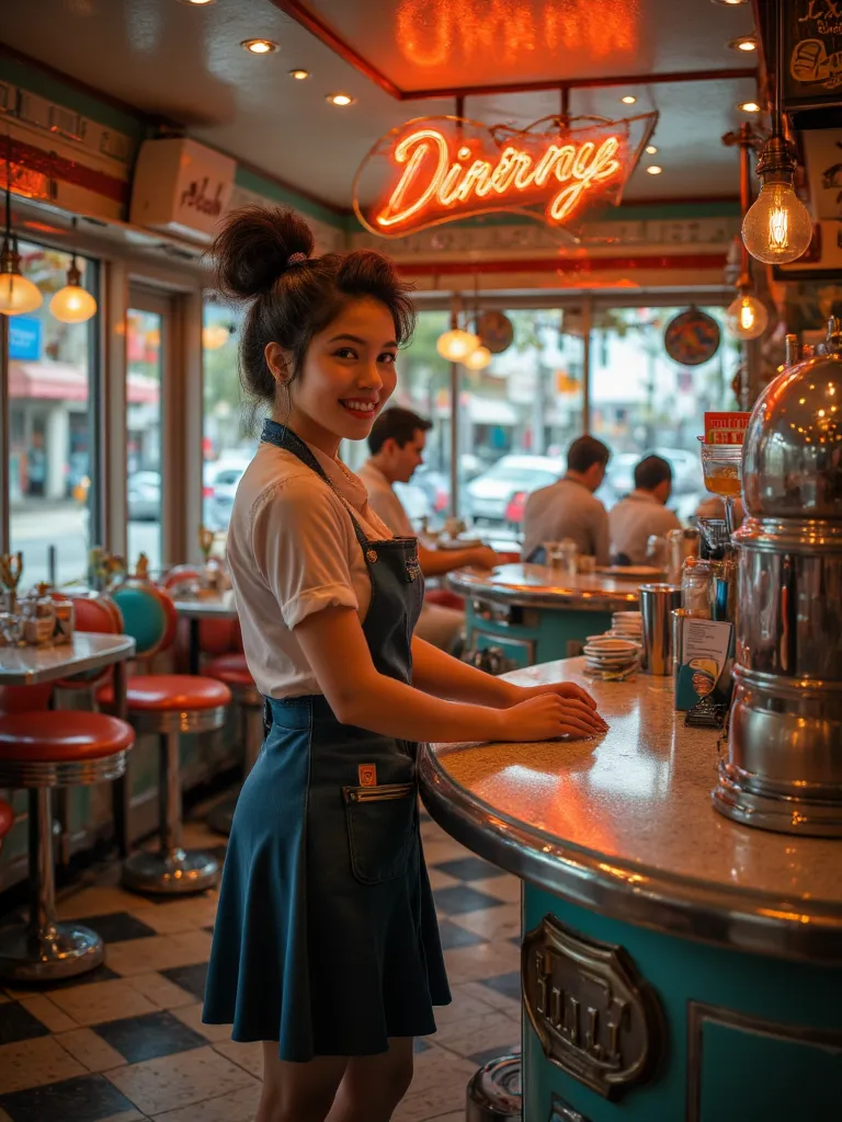 Girl working in a 1950s American diner, IN.S.1950s Retor Style