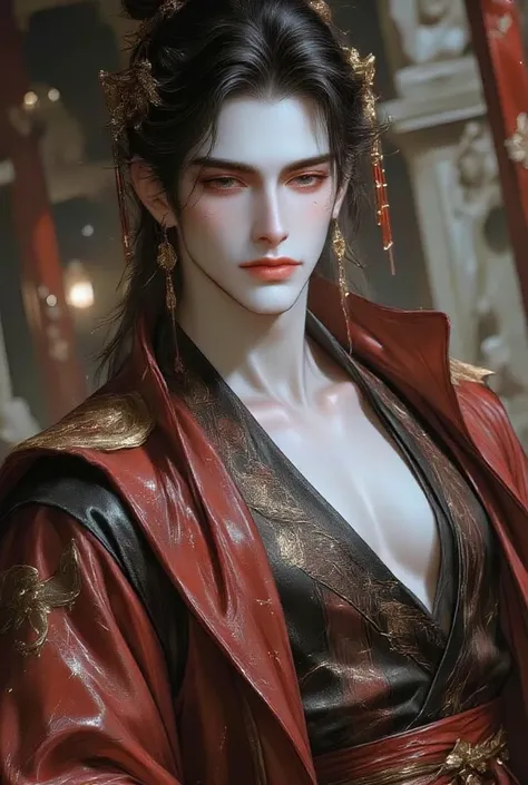 (masterpiece,best quality,ultra_detailed,highres,absurdres),1 mature male, 30-ish, (very wide shoulder), (muscular), male focus, solo, black absurdly long hair, long hair, loose half tucked hair, emperor's clothes, emperor's uniform, Hanfu, emperor, Chines...