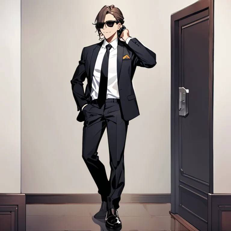 He is a man with a clean shave and brown hair.

Man in black from head to toe, he leaves no room for fancy: dark suit with a white shirt and black tie; and of course the usual sunglasses and earpiece.