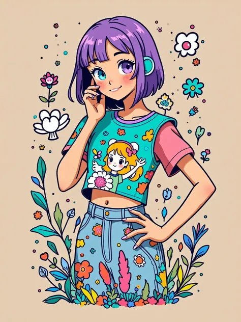 (Q version style, book cover decoration, moonlab_studio style, thick line strokes, Graffiti, Minimalism), A colorful anime girl embodying a fusion of vibrant and pastel tones, showcased in a confident pose. Drawn with artistic inspiration from manga and co...