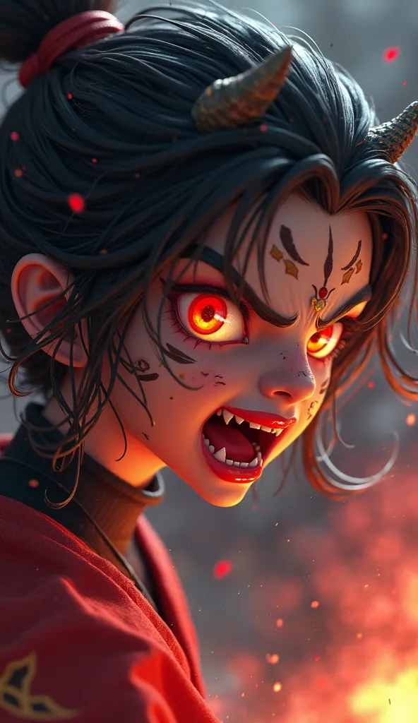 Create an ultra-detailed 3D-rendered wallpaper of Nezuko Kamado from Demon Slayer, captured from a dynamic side or close-up perspective, highlighting her fierce expression. Her demonic powers should be visible, with her eyes glowing brightly and demonic ma...