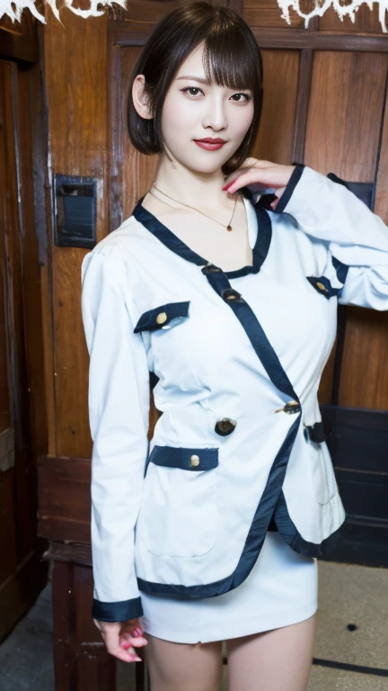 Saeko Mukoda　Cosplay，White half coat,white skirt, shirt, eyeshadow，red lipstick，bob cut with skindent， soft big breasts，slender body，necklaces，earrings，high heels，Beautiful chest， pretty face， real face，Perfect Face、Japanese Female， female in her 30s， beau...