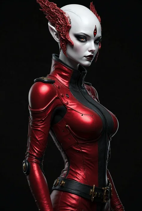 animated game character, Police design, an alien female, white face with dark eyes, a marquise cut gem shape on her forehead, red fantasy accessories on her side head, a police scarlet iron and black leather suit covering entire body, background is black. ...