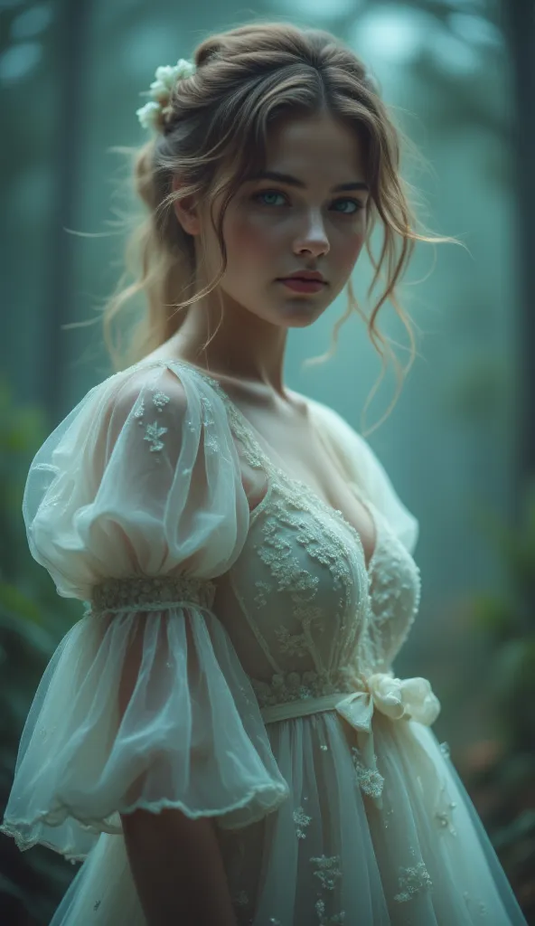 A beautiful woman slowly looks at the camera, creating an ethereal and dreamlike atmosphere. The breeze gently moves her dress, and the entire scene is filled with a mysterious and fantastical feeling. As the camera moves forward, it maintains a stable mot...