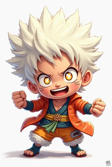  expression, inspired by Gear 5 Luffy and Naruto. The character has fluffy, cloud-like white hair with a wild, energetic look, glowing eyes full of mischief and excitement, and a confident, playful smile. It has Naruto’s signature whisker marks on its chee...