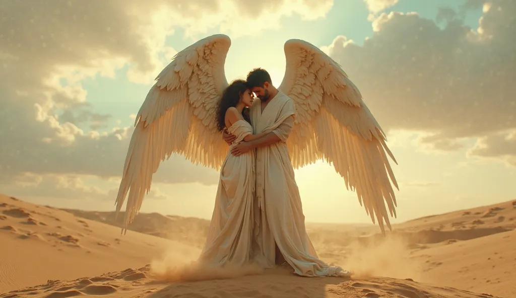 A cinematic scene at crepule In an arid landscape of the ancient Middle East (about 3000 a.C.), a tall, ethereal fallen angel with wings blurred with white and gray feathers, standing on an elevated dune, possessively embracing a female human figure in a l...