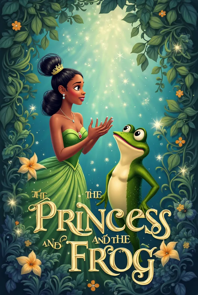 Create a two-dimensional poster inspired by the two characters Tia, Prince Nevin, and the frog, and the poster will be written “Theprincess and the frog.”