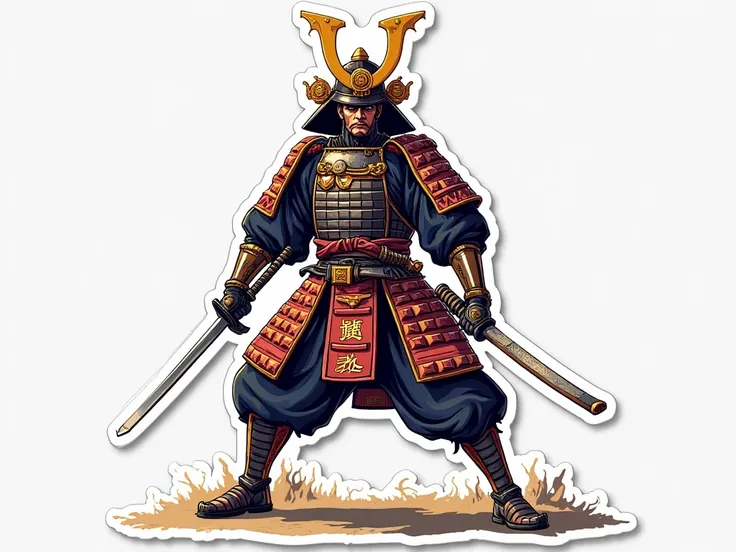 Ultra-detailed sticker of a samurai warrior in battle stance, featuring bold colors and a crisp white border