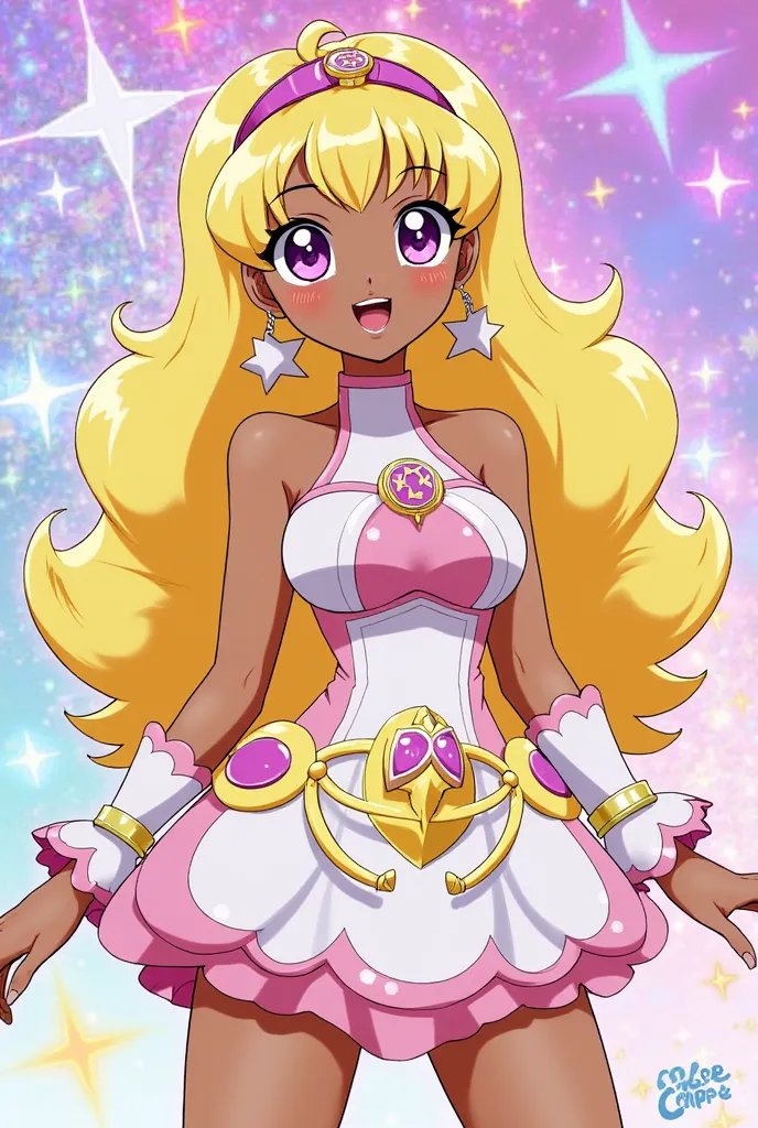 big butt,((( show your butt)))  , Amamiya Elena, Cure Soleil, brown skin, purple-pink eyes, long hair,  Light yellow hair , Purple Pink Headband with Star Shaped Accessory, Yellow and White Dress, Star Shaped Belt, Round Brooch with a Star Symbol on the In...