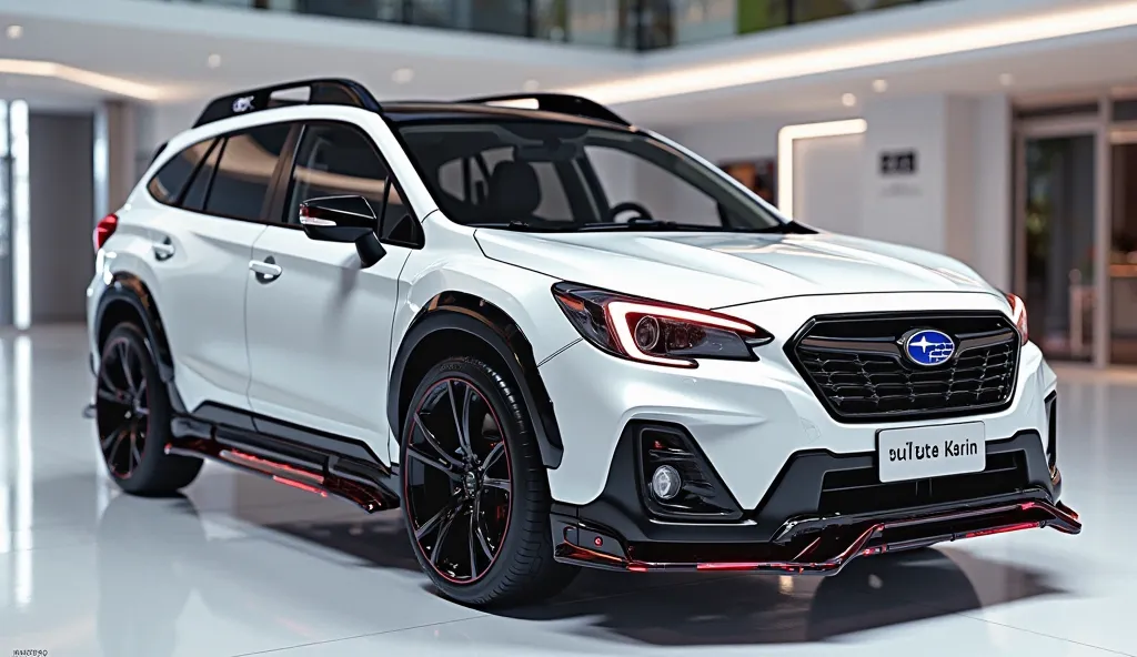 3D render of a heavily modified (. 2026 Subaru Outback )in SUV( Karim white)colour, (front rightside view) The car features ultra-high-detail glossy and shiny modifications, including sleek add-ons. The () logo is prominently displayed on the closing doors...