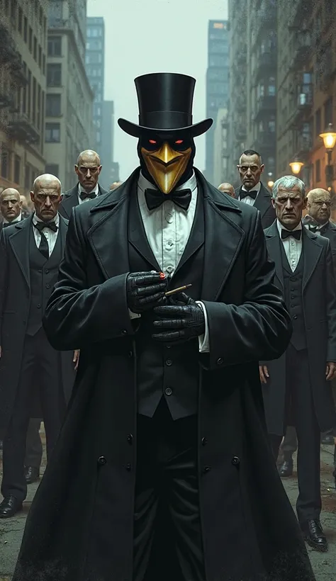 the villainous penguin character from the film Batman, with his hat and big nose, surrounded by his henchmen, with a cigar in his hand, in the background the city of Gotham