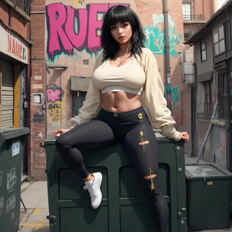 A hyper-realistic portrait of Rue Monroe, a fierce Black female singer with a jet-black bob, smudged eyeliner, and bold red lipstick smirking confidently. She leans against a graffiti-covered dumpster in a gritty urban alleyway, wearing distressed black Ni...