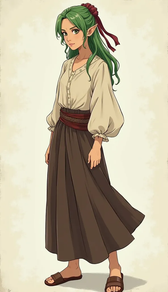 Elaen is a young elf, of 1.70 m, with green hair and eyes. she wears a loose cream blouse, a long dark brown skirt, fitted with a braided leather belt, and brown leather sandals. She usually pulls her hair back with a burgundy ribbon and, On cool days, wea...