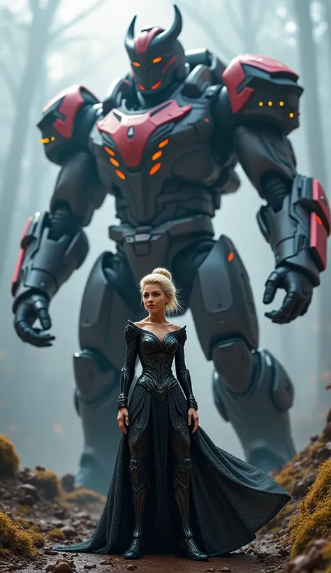 Aurora Disney animated in a black power ranger costume with the mammoth-shaped robot