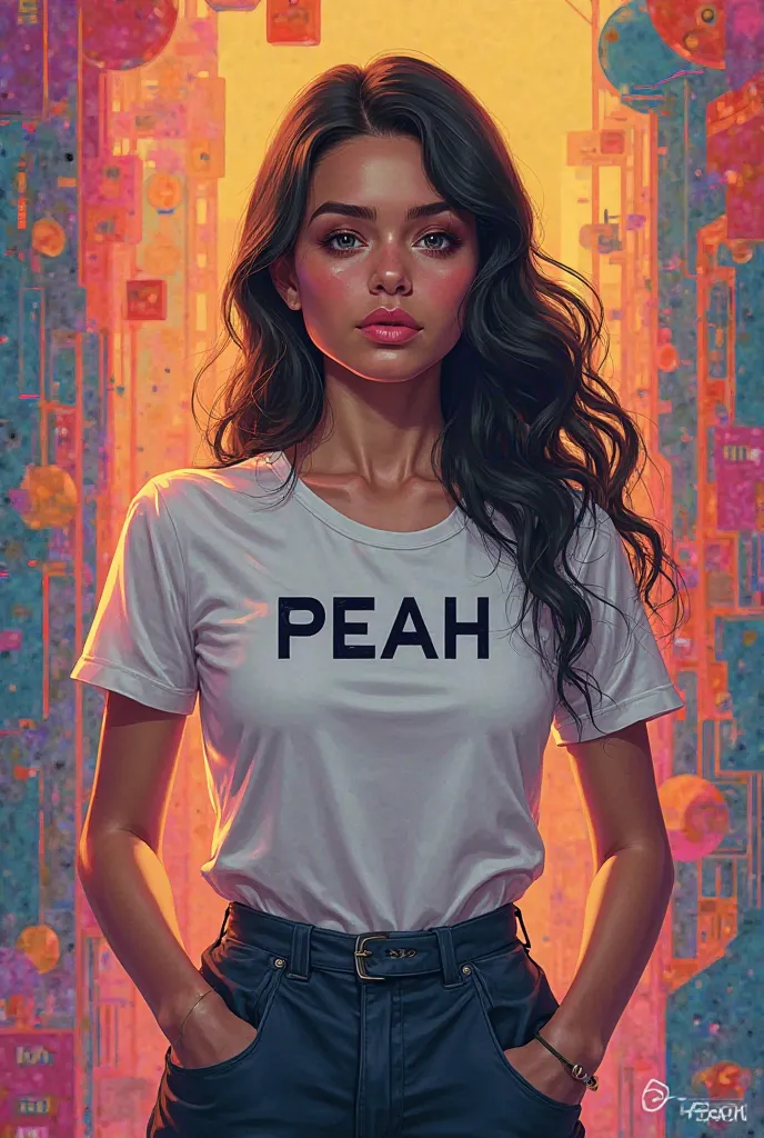 A girl with name on shirt (ceo of peah)
Background with honbit