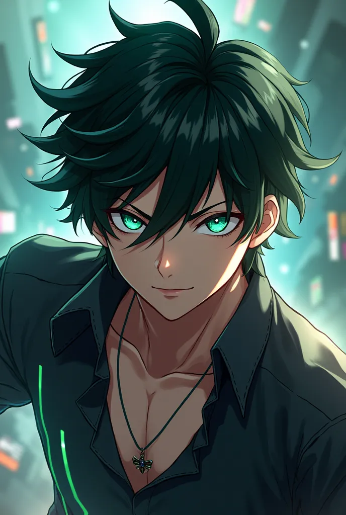 Create a male anime character in Riot's games-style that has wavy black hair and green eyes 