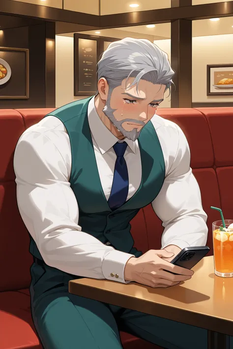 masterpiece, newest, absurdres, safe, 1boy, solo, sitting alone, elegant outfit, restaurant, embarrassed, eyes with tears, short hair, grey hair, looking at cell phone, indoors, drink, smartphone, beard, facial hair, two seater table, muscular body