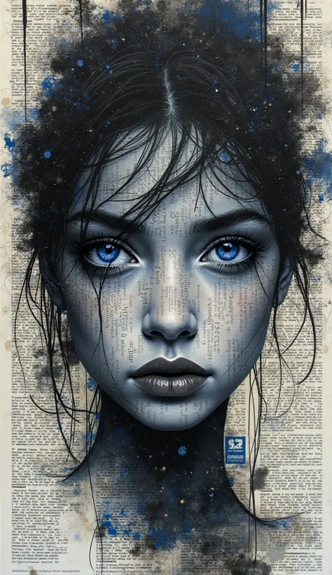  quickly ; Abstract mixed media portrait created by complex wireframe sketches。shows expressive and emotional depth，Deep Blue Eyes Surrounded by Deep Shadows，Mysterious expression 。Background of layered clippings A girl's face composed of fragmented Dutch ...