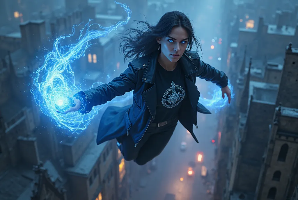  A beautiful sorceress with a piercing blue eye with filaments of blue magic flying around,  she is dressed in an elegant black leather jacket and a black t-shirt with the symbol of the triad,She is flying at night over the old city of London. Epic fantasy...