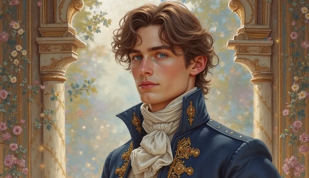 young noble man with brown hair and blue eyes. Everything in a drawn romantic style . 