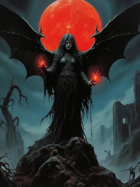 Dark fantasy oil painting of Lilith, standing tall on a jagged rock under a blood-red moon. Her massive, bat-like wings spread wide, casting an imposing shadow. Her long, flowing black hair is streaked with crimson, swirling around her like living tendrils...