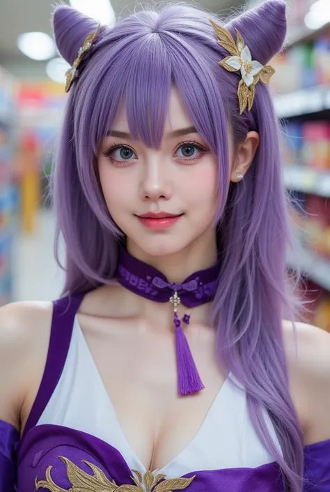 nsfw, a woman in keqing cosplay costume, she is wearing purple dress with detached sleeves and neck tassel, she has purple double cone hair bun twintails with hair ornament, beautiful caucasian woman, close upper body shot, fair white skin, perfect body, (...