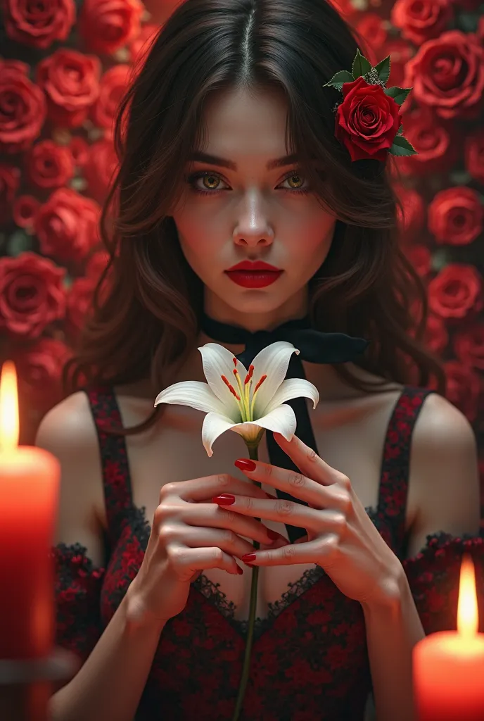 Woman with red nails, Brunette hands, holding a white lily in her hand, wearing red corsage with black ribbons,ancient, appear only on the woman's body,  background with red roses , RED CANDLES , fire