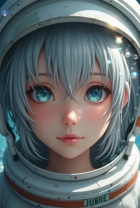 Close-up of an improved masterpiece:1.5)0.9], ( Space and Astronauts:1.2) ( Untidy silver hair:1.1) ( heterochromia:  xanthochromia and blue eyes:1.2) (Space helmet:1.0) (Colored stars in the eyes:1.0) (A radiant shine:1.1) (Labio a girl in thick bikinis o...