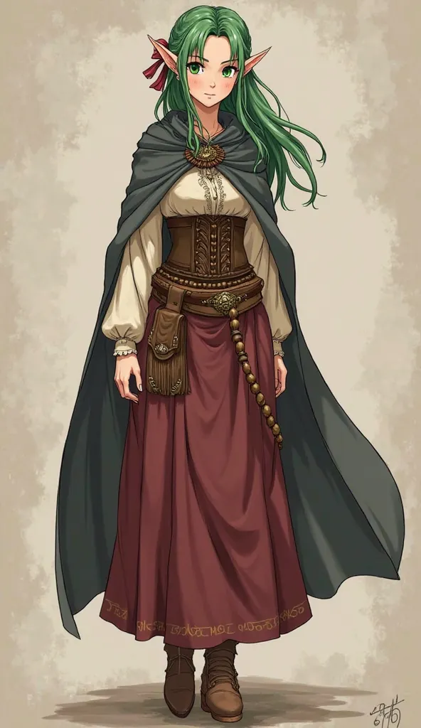 Elaen is a young elf, with green hair and eyes. To go out to the village, , she wears a cream linen blouse with subtle embroideries, , a dark brown leather corset and a long burgundy skirt with details in gold thread. . She wears a braided leather belt wit...