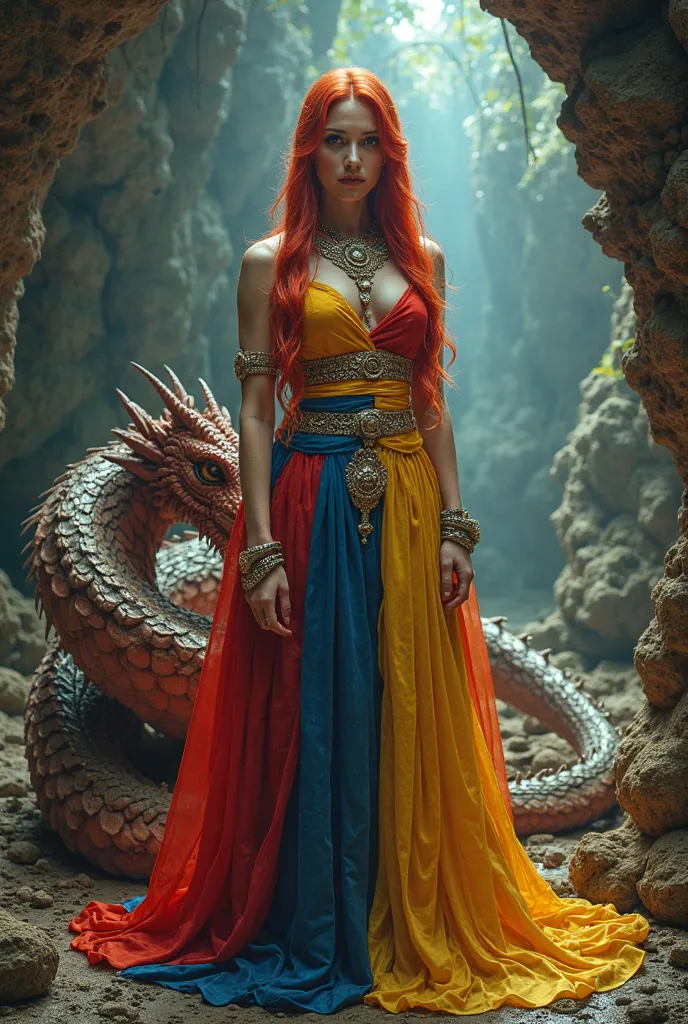 Beautiful dragon woman her hair is straight red short her beautiful dress is the color of the Venezuelan flag yellow blue and red.She is accompanied by a dragon she is in a cave looking straight ahead