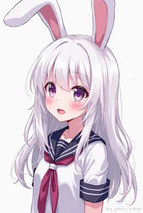 My hero academy, a age bunny girl with loose long white hair and white skin with pink cheeks and bright light purple eyes and pink mouth and matching white ears of a rabbit on the top of her head and a school uniform 