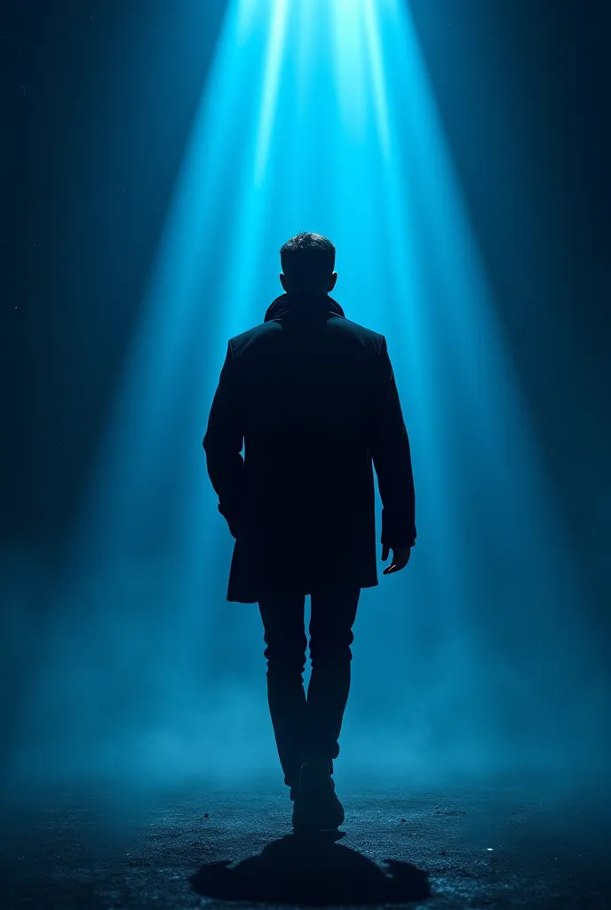 Cover of comic , Protagonist walking backwards, dark background and blue rays,  illuminated,  black jacket 