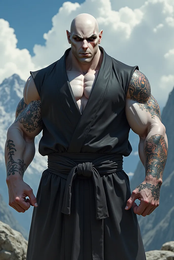 a big strong bodybuilder man, white extremely pale skin, scars and tattoos, fierce, well drawn lined jaws, absurdely strong arms, bald, clean face, fighter, wearing a black kimono, fantasy, dnd, montains and clouds background