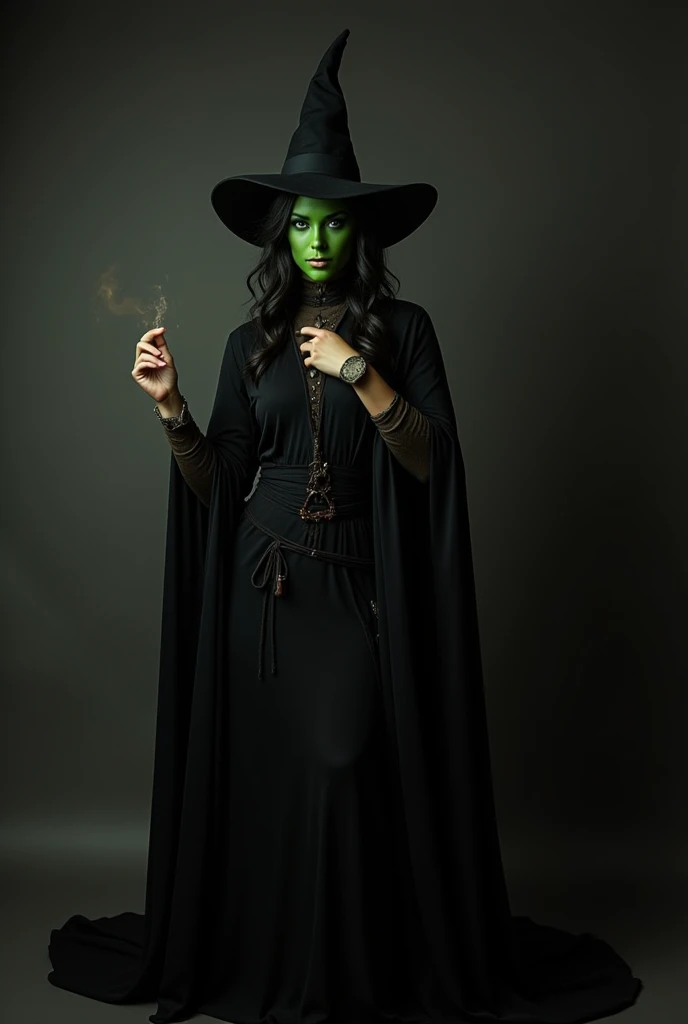 a fantasy Green-Faced Witch Mercy from over watch wearing a black witch hat and black witch costume. Wicked Witch 25 year old girl with studio background, looking toward viewers she had a black long cap, and waving her hand in air to do a magic 