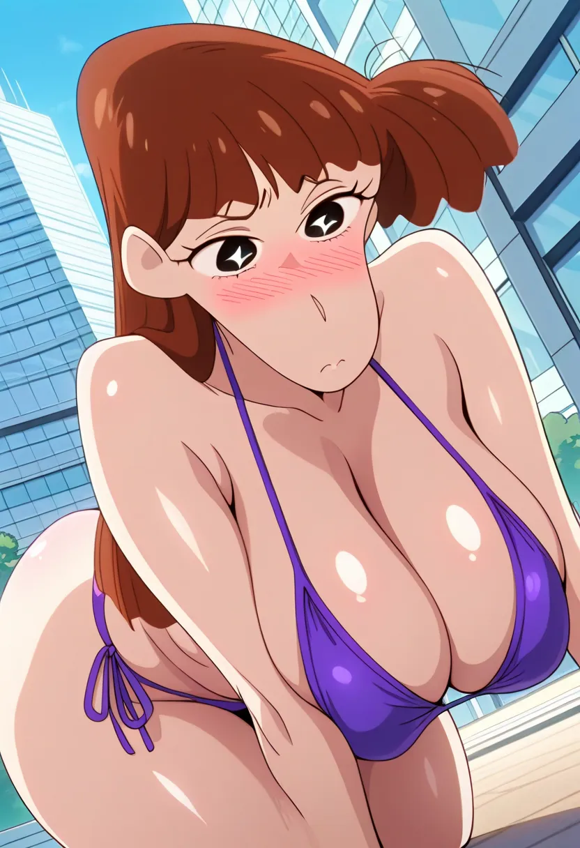 best quality, masterpiece, animated screen capture,   Anime Coloring, 1 girl, alone, Dutch Angle, viewers next to him,
Sakurada Moe , long hair, brown hair,   dark eyes,  Brant Van, building, chest,   sparkling under both armpits ,   sparkling under both a...