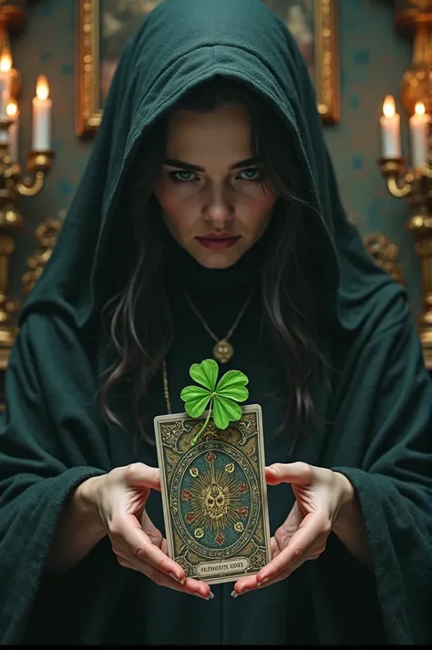 Make a fortune teller holding a tarot card and a shamrock 