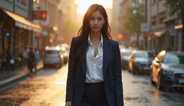 American girl in her 20s, Just the right breasts, perfection breasts, perfection skin, wet hair, perfection, black hair, brown eyes, office lady, navy suit top and bottom, white shirt, rain, luster, bright, city, cleavage, beautiful woman, European feature...