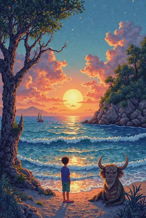 Make a realistic drawing. Where the two scenes blend into one:

### **top scene:  beach at sunset **

#### **1.  foreground  ( boy e dragon)**

- ** boy:**
  - Round glasses: Draw two circles for lenses and a simple frame.
  - Messy bun: Long and curly hai...