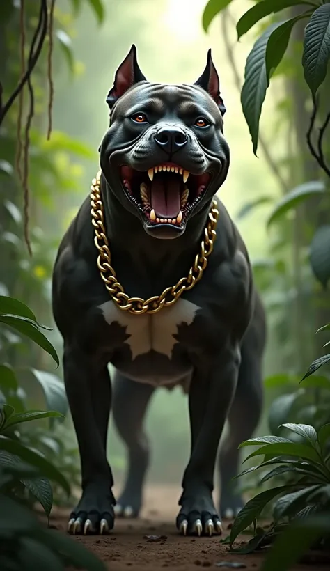 Muscular American Pitbull dog, wild barking look, jungle background, golden chain around neck