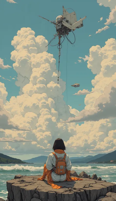 taken from below、 Fisheye 、upper body、 backlit、(surreal),(best quality), (masterpiece), beautiful woman under hoodie, Woman standing on a breakwater communicating with a geostationary satellite, viewers next to him、 Backlit Silhouette , is wearing a white...