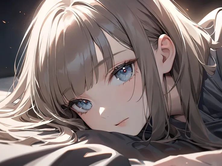 masterpiece、Highest quality、 dark background、blunt bangs、chest length hair、whitish ash brown colored hair、blue dark eyes 、looking here、cut、 lying on the bed、sorry face