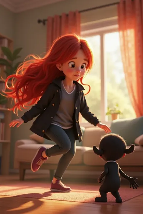 Teteko is wearing a dark gray t-shirt and black jacket、dancing with her red-haired friend and her little black friend in the living room, Artwork, 4K, masterpiece,  style 3D animation , Disney Pixar