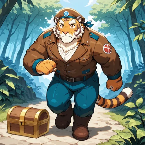 character focus, full body, looking away, dynamic angle, treasure hunter, a muscular middle-aged tiger man, desperation expression, adventure costume clothes, adventure uniforms, hat, jacket, shirt, half pants, holding treasure chest, run away, running thr...