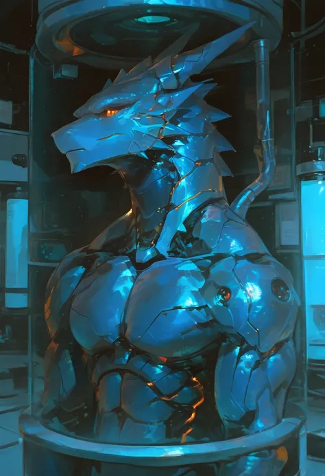  masterpiece, alone, furry，blue dragon, aldult, (robotic bionic dragon in the incubator),  orange eyes, muscular body， huge,  Handsome, Intensely, naked body, Laboratory，(在培养仓中)