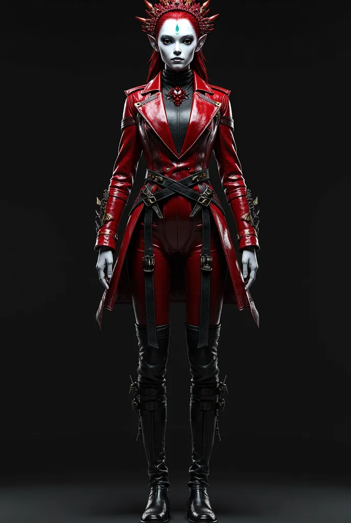 realistic game character, Police design, an alien female, white face with dark eyes, a marquise cut gem shape on her forehead, red fantasy crown on her head, a police scarlet iron and black leather suit covering entire body, black leather shoe, background ...