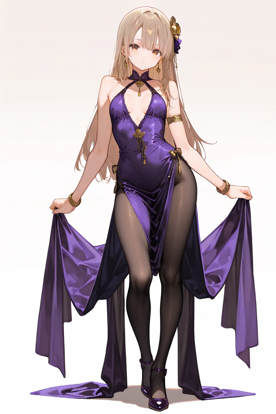 ((masterpiece:1.50, best quality:1.50, high quality:1.50)), (1 BOY:1.50)), ((otokonoko:1.50)), ((male focus)), NO BREAST, backcombed medium-long blond hair:1.3, ((super sexy medieval purple dress, purple low heels with a golden flower as decoration,long re...