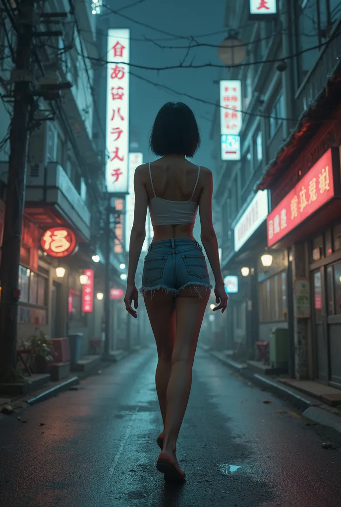 A Japanese woman with short black hair, dressed in a very short skirt showing the pulp of her ass and a white tank top, she is walking down an empty street.