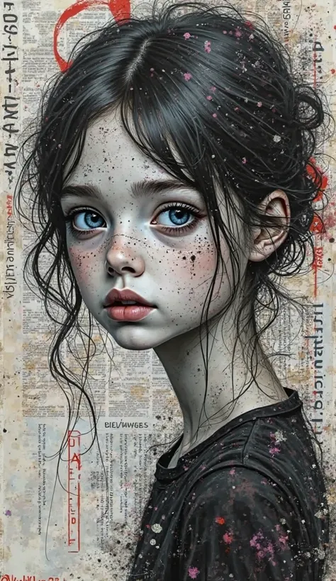 Swift; Highly intricately detailed, abstract mixed media portrait created from complex wireframe sketches. The face of a age girl shows expressiveness and emotional depth, with soulful blue eyes framed by deep shadows and a mysterious expression. The backg...