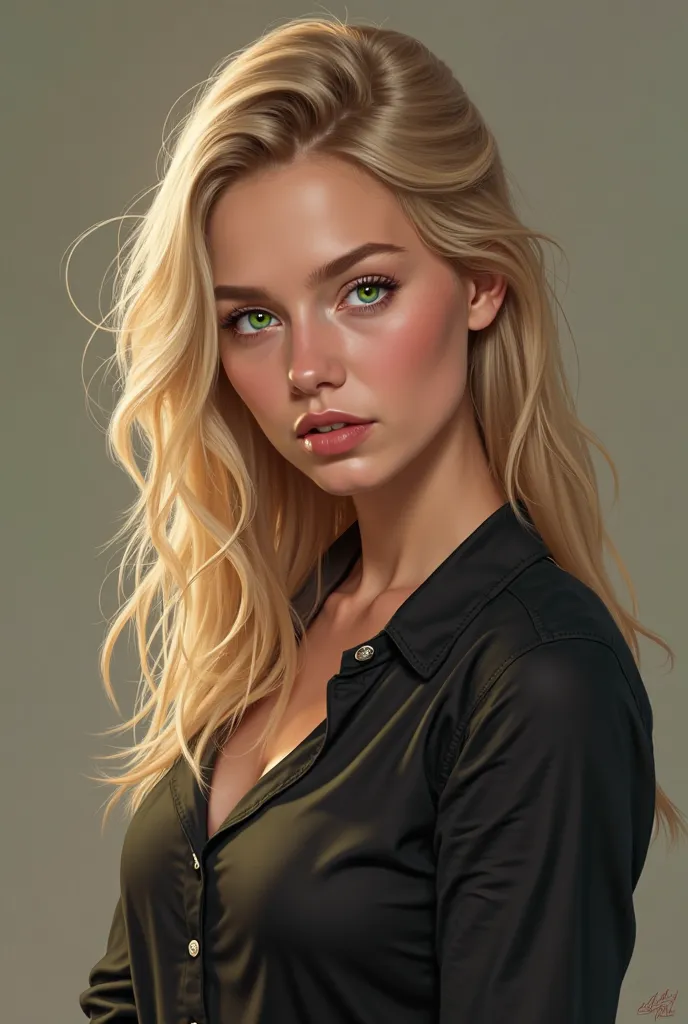 a ager with blond hair and green eyes in a black blouse 