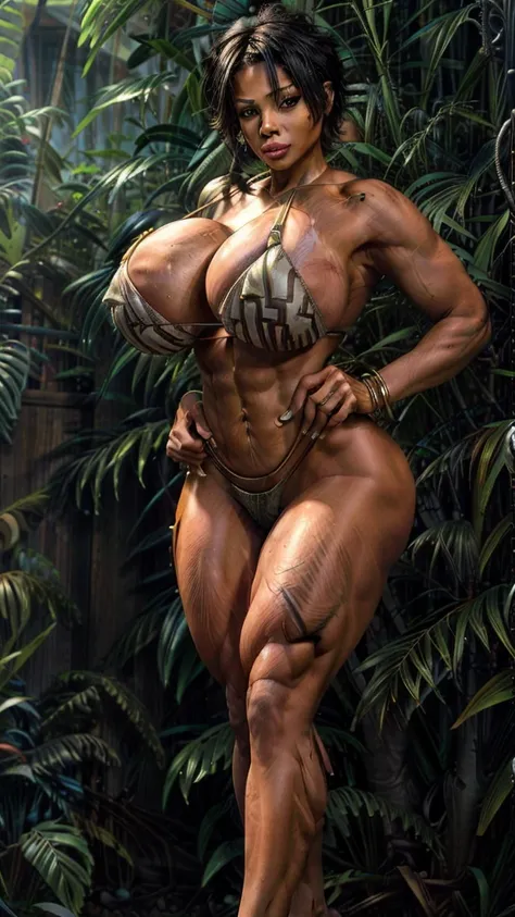 HDR, 8k, best quality, High resolution, African American dark skin Realistic, mature female (tomboy) with muscular body, giant breast, strong muscle, short hair, big breast, saggy breast, long legs, barefoot, barehand, slim body, full body, perfect body, s...